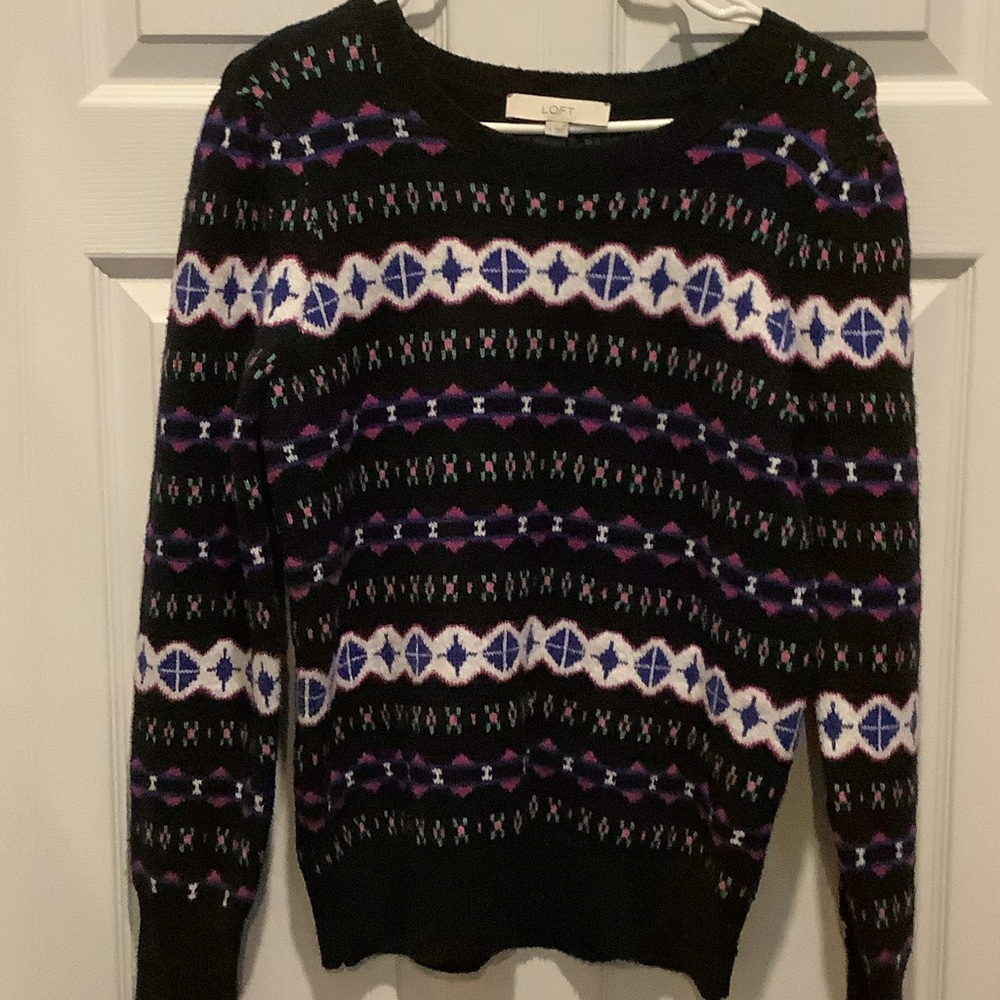 LOFT Women's Sweater with Black and Purple Geometric Design